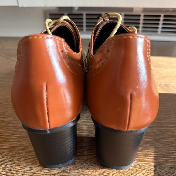 BNIB Odema Brown Brogue Lace Up Oxford Tip Chunky Heels Leather Shoes - Size 8 - Picture 5 of 9